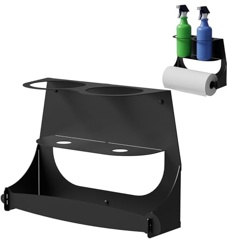 Koova Spray Bottle & Paper Towel Rack Heavy Duty- Wall Mount Storage for 2 Spray Bottles and Paper Towel Roll Utility Organizer Hardware Included - Made in USA Sturdy Metal Holder for Home and Garage