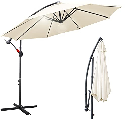 Eulenke Parasol 350 cm, Parasol Déporté avec manivelle e pied, Angle d'inclinaison et hauteur réglables, Parasol de jardin avec protection UV pour balcon jardin terrasse, Beige