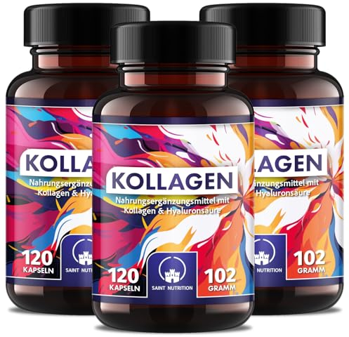 NEU: Saint Nutrition® Kollagen + Hyaluron Kapseln hochdosiert 1000 mg Tagesdosis mit Vitamin C, MSM, Zink & Biotin - Nahrungsergänzungsmittel für Haut, Haare & Nägel – 3 Stück