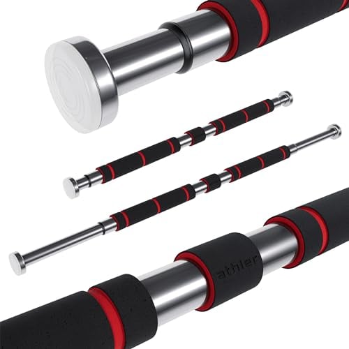 ATHLER Monkey 10 | Verstellbare Klimmzugstange Türrahmen Pull Up Bar | Verstellbar von 62,5cm bis 100cm | Keine Schrauben ohne Bohren | Traglast bis zu 150kg | Rutschfest | Softgrip | Schwarz Rot