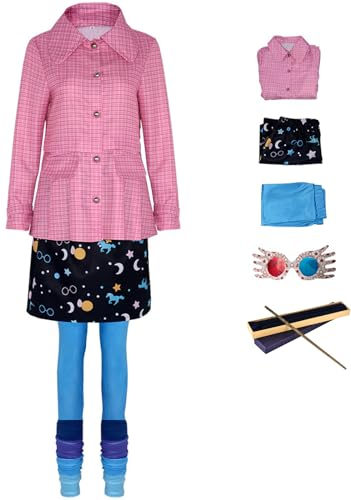 Foanja Luna Kostüm Damen Magische Akademie Zauberer Luna Lovegood Anzug mit Brille und Zauberstab für Halloween Karneval Geburtstag Party Maskerade Fancy Verkleidung Costume