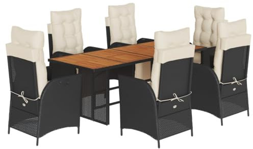 vidaXL Garten Essgruppe 7-TLG., Gartenmöbel Set Tisch mit 6 Stühle, Gartengarnitur mit Kissen, Sitzgruppe Essgarnitur Terrasse, Schwarz Poly Rattan