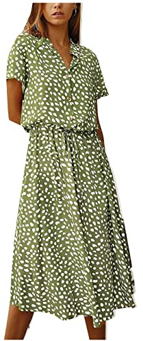Kleider Damen Sommer Lang mit Arm Kleid Punkte A Linie Damen Sommerkleid Kurzarm Elegant Sommerkleider mit Knopfleiste Stehkragen Strandkleid Luftig Midi Gepunktetes Kleid mit Gürtel
