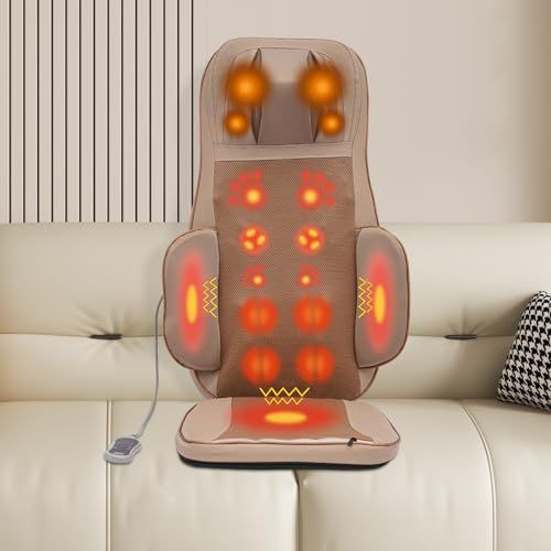 HOARLICN Rückenmassagegerät mit Wärme, Shiatsu Massagesitzauflage Rückenmassagegerät 3 Modus 4 Vibrationsmotoren Löst Muskelverspannungen Für Nacken, Schultern, Rücken, Taille Und Hüften, Beige
