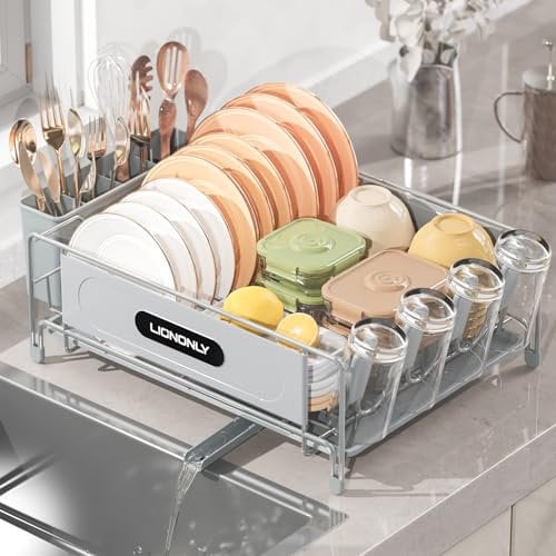 LIONONLY Dish Drainer Rack with Drip Tray,Premium 304 Stainless Steel Dish Drying Rack for Kitchen,Anti-Rust Draining Board Rack with Cup Holder,Swivel Spout & Utensil Holder,Sink Drainer Rack (Grey)