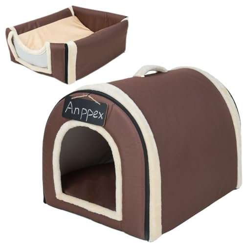 ANPPEX Dog House Indoor,Enclosed Warm Pet Bed,Hundehaus für drinnen,Katzenbett große Katzen Katzenhöhle,2-in-1 waschbares Hundebett mit Überzug,Größe M für Katzen und Welpen,Braun