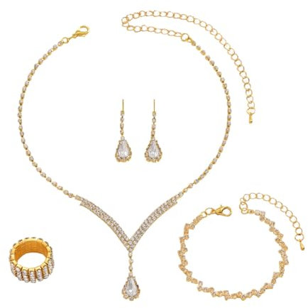 FDEETY Damen Schmuckset Kristall Strass Anhänger Halskette Armreif Ohrring Ringe Set Abschlussball Brautparty Brautjungfer Schmuckset(Gold)