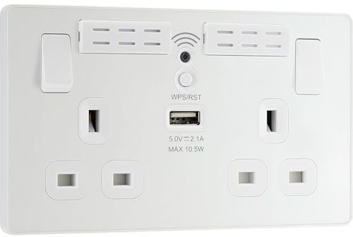 AMK® BG Double Switched Power Socket 13 Amp 2 Gang Plastic With WiFi Amplifier and USB Port Pearlescent White