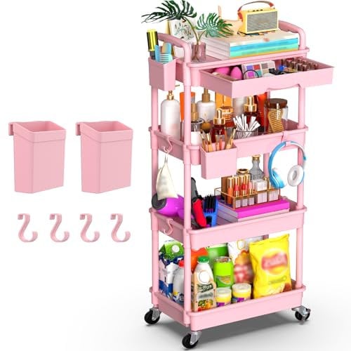 Yeabett 4 Tier Craft Trolley, Storage Trolley On Wheels Utility Cart With Drawer For Kitchen, Bathroom, Office, Living Room, Pink