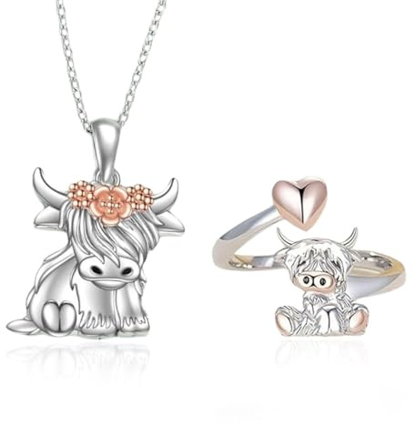 LSYYSL 1 Cow Ring and 1 Cow Necklace, Cute Animal Jewelry, Adjustable Jewelry, Creative Styling Jewelry