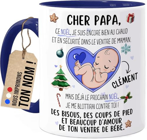 Cupdarling® Mug Futur Papa Personnalisé - Cher Papa Ce Noël Je Suis Dans Le Ventre De Maman - Tasse Cadeau Noël - 330 mL Céramique - Bleu