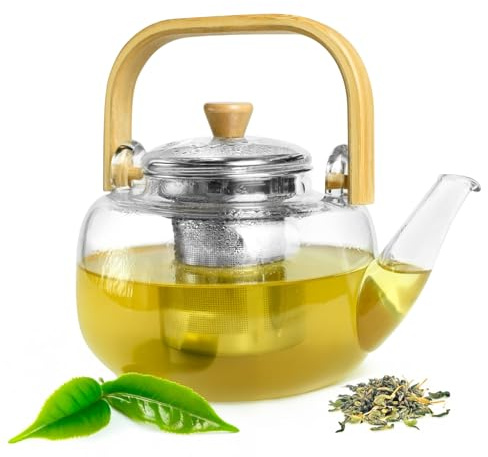 SENDEZ Teekanne 950ml mit Edelstahl Sieb und Griff Teebereiter Glaskanne Kanne