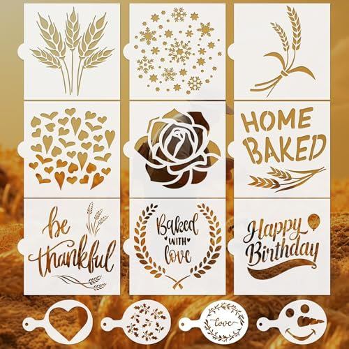 Ktxaby Lot de 13 pochoirs réutilisables sur le thème du blé - Pochoirs à pain artisanaux - 14 x 14 cm - Pochoirs à café pour bricolage, peinture, latte, art, pâtisserie, décoration sur toile