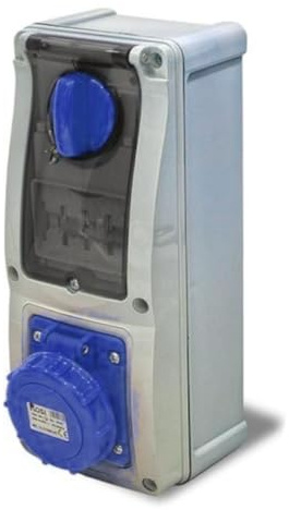 Presa interbloccata verticale con sezionatore interruttore, montaggio a parete, con fondo, con magnetotermico, 220V 230V, 3 poli 2P+T, 32A, IP67 da interno esterno