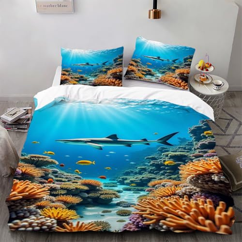 Zbeiba Bettwäsche 135x200 3D Unterwasserhai Muster Weich Atmungsaktiv Mikrofaser Bettzeug Sets Mit Reißverschluss + 2 Kissenbezüge (135x200+2 * 80x80,#8