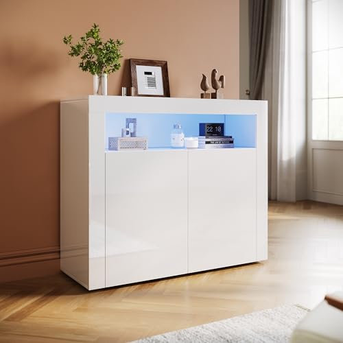 ELEGANT 2 Doors Sideboard with LED Lights, High Gloss Display Cabinet Storage Unit with Open Compartment for Living Room Bedroom, W1080 x D400 x H920mm