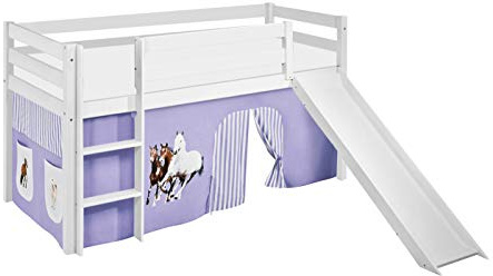 Lilokids Hochbett mit Rutsche JELLE 90×200 cm | 90x190 cm – Kinderbett & Spielbett aus Massivholz (Kiefer) inkl. Lattenrost – Verschiedene Markenmotive (Pferd lila, 90 x 200 cm)