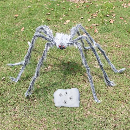50-Zoll Halloween-Riesenspidern-Dekoset – Perfekt für Innen- und Außen, mit 60g Spinnennetz und 4 kleinen Spinnen (Weiß 125 cm)