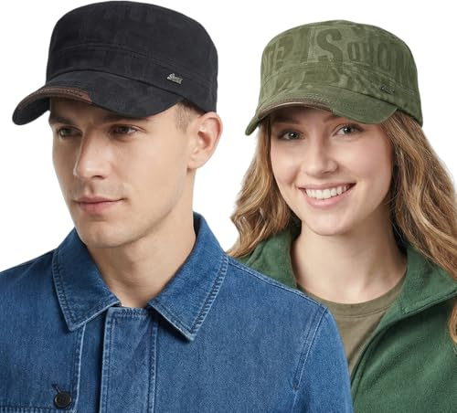 HIQIU 2 Stück Military Cap Herren aus Baumwolle Vintage Army Cap Damen | Verstellbar Armee Flat Kappe, Cadet Hut, Unisex Militär Baseballmütze