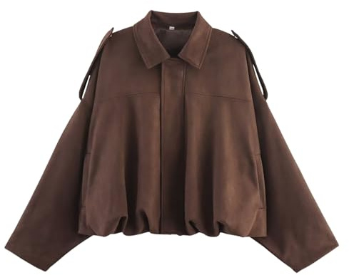 Xunger Women's Faux Suede Bomber Jacket Spring Lapel Pilot Coat Casual Oversized Long Sleeves Trendy Streetwear Outerwear(1026-01CoffeePocket-S-RD)