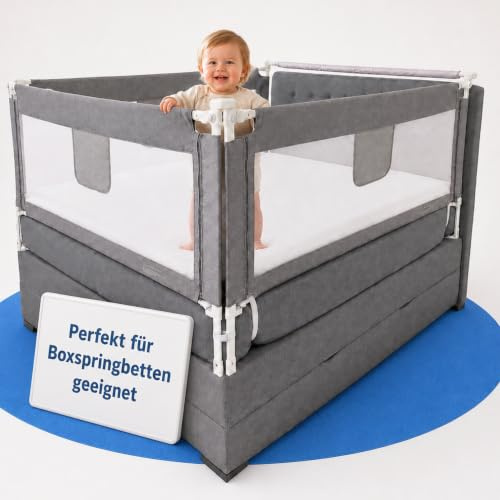 RuheKind Rausfallschutz Boxspringbett & Bettgitter Rausfallschutz – Bettschutzgitter Set inkl. Befestigungsmöglichkeiten - passend für Boxspringbetten (3er Set 200x200cm)