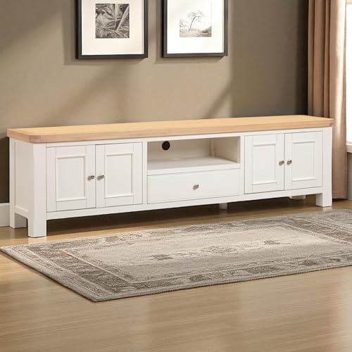 Extra Wide TV Stand Cabinet Unit, Cream Painted with Oak Top, 220cm Entertainment Unit with Storage Drawers and Cable Management Fully Assembled