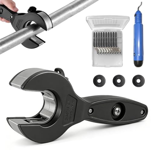 Rohrschneider Edelstahl, Rohrabschneider Kupferrohr Schneider 8-29mm, 2-in-1 Ratschenschneider für Edelstahl-, Kupfer-, Kunststoff-, Aluminiumrohre, inkl. 3 Ersatzschneidrädern & Entgratwerkzeug