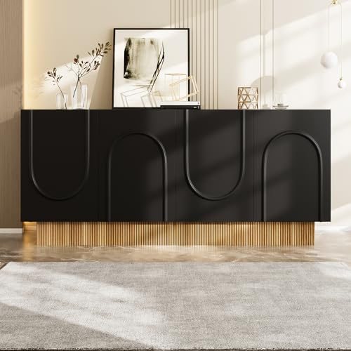 ModernLuxe Sideboard Schrank 160×75×38 cm – Sideboard mit 4 Türen, großem Stauraum, U-Form Reliefstruktur, Wohnzimmer & Esszimmer Kommode - Schwarz + Holzfarbe
