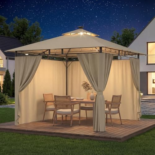Devoko Heavy Duty Gazebo 3x3m with Sides & Lights, Steel Frame, Waterproof & UV50+ Canopy, Windproof Pergola for Garden, Patio, Party – Beige