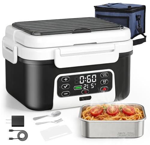 Jradse Fiambrera Eléctrica, 110W Fiambrera Calefactable Inalámbrica con Capacidad de 1,5L, Calentador de Alimentos de Acero Inoxidable, Fiambrera Autocalefactable con Bolsa Térmica para Viaje, Oficina