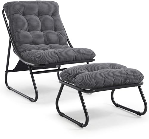SEEDWAVE Loungesessel mit Ottoman, Liegestuhl & Relaxsessel aus Stahl, mit separatem Kissen und rutschfesten Fußpolstern – Outdoor Gartenstuhl für Entspannung im Freien, Garten & Balkon (Grau, Cord)