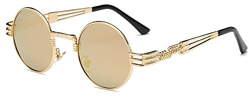 BOZEVON Retro Steampunk Style inspiré Round Metal Circle Lunettes de soleil pour femmes et hommes, Or-Champagne