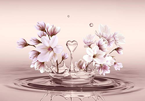 wandmotiv24 Fototapete Magnolie Herz Wasser Rosa, M 250 x 175 cm - 5 Teile, Wanddeko, Wandbild, Wandtapete, Blumen, Blüten, Wassertropfen M1338