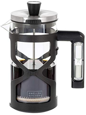 DWËLLZA KITCHEN French Press Coffee Maker - with Hourglass Handle Timer, 34 Ounce, Triple Stainless Steel Filtration System, Includes 2 Bonus Filters, Glass Heat Resistant Loose Leaf Tea Brewer.