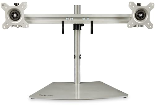 StarTech.com Dual Monitor Stand - Ergonomic Standing Dual Monitor Desktop Stand for two 24 VESA Mount Displays - Synchronized Height Adjustable - Double Monitor Pole Mount - Silver (ARMDUOSS)