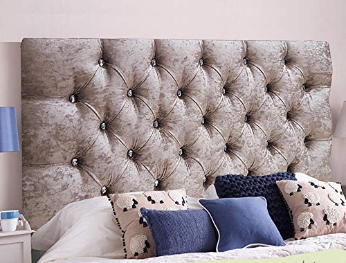 Chesterfield Diamante Frame Divan Bed Headboard | Crushed Velvet Headboards for 5ft King Size Bed Frame | Elegant design with wooden material headboards for beds (Champagne, 5ft King Height-20inch)