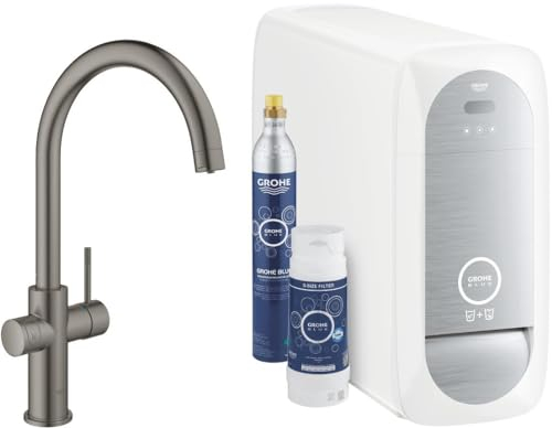 Grohe Blue Home C-spout Starter Kit 31455 Miscelatore monocomando per lavello con funzione di filtro, con raffreddatore e WIFI, Colorazione: grafite dura spazzolata