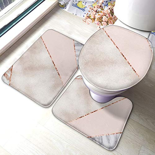 Uliykon Spliced Mixed Rose Gold Marble Bathroom Mat Sets 3 Piece Set Rugs Memory Foam Mat Set Matches Anti-Skid Toilet Seat Cover Bath Mat Lid Cover