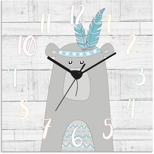 ARTLAND Wanddeko Wanduhr ohne Tickgeräusche aus Alu Kinderuhr Funk Uhr lautlos 30x30 cm Lernuhr Kinder Indianer Bär Teddy Comic Junge Holzoptik Blau T9HE