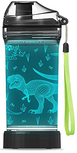 YuanDian Dinosaurier-Wasserflasche, leuchtende Trinkbecher mit 3D-Dinosaurier-Nachtlicht, 400 ml, Tritan, BPA-frei, umweltfreundlich, cooles Jurassic Park, Geschenk, für Schule, Kinder, Jungen,
