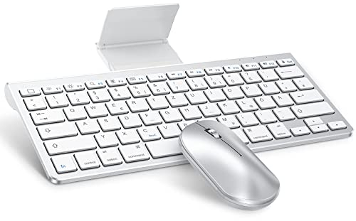 OMOTON Bluetooth Tastatur Maus Set für iPad Pro 13/12.9/11/10.5, Tastatur iPad 10.9/10.2/9.7, ipad air 6/5/4/3, iPad Mini und iPhone, QWERTZ Layout Tastatur iPad mit Ständer, iPad Keyboard, Silber