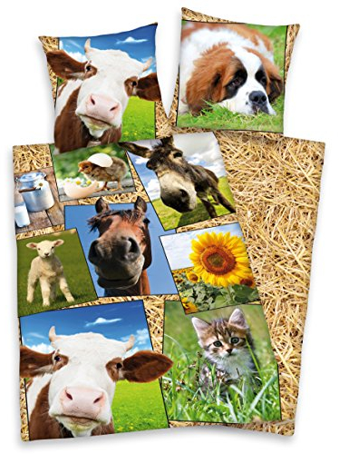 Herding Bauernhof Tiere Bettwäsche Hund Katze Pferd 80x80 + 135x200cm Baumwolle mit Reißverschluss