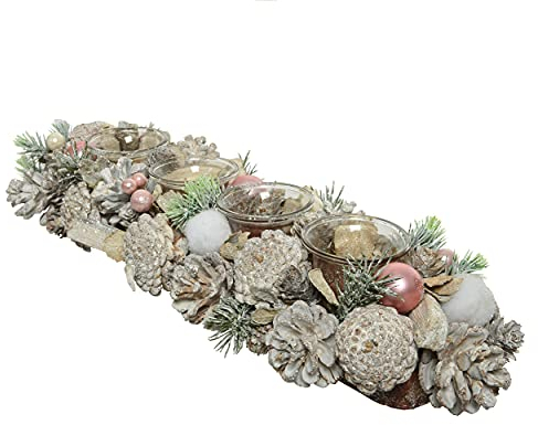 Adventsgesteck 46cm mit Teelichter Glas mit Schnee Kerzenhalter Adventskranz länglich weiß rosa