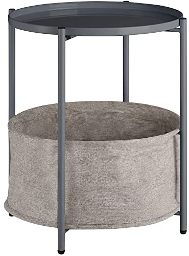 tectake® Beistelltisch rund aus Metall, abnehmbares Tablett, Couchtisch mit Korb als Stauraum, modernes Design, Ø45,5 x H53 cm (Dunkelgrau | Nr. 404191)