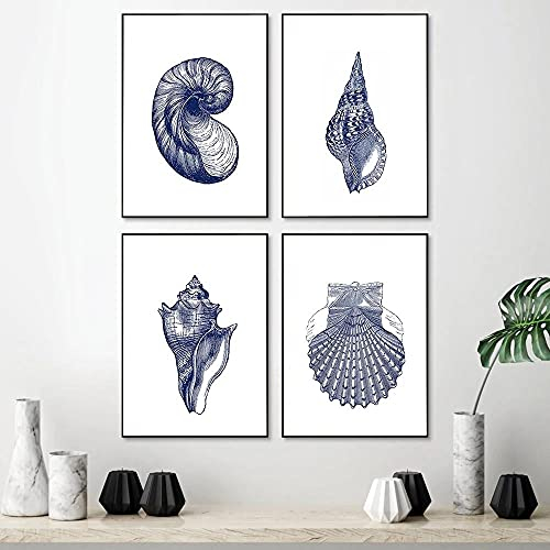 marca generica Wandkunst Leinwand Malerei Drucke Poster Küsten Muschel Bild Vintage Illustration Indigo Blau Dekor Ungerahmt-30x40cmx4