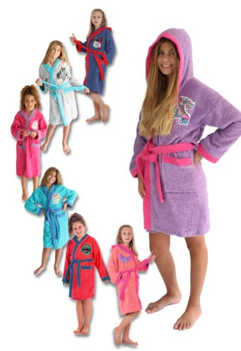 LEBENGOOD - Peignoir Filles Coton: Fille, Enfant - 100% Coton OEKO-TEX® - 2 Poches, Ceinture, Capuche, Peignoirs en peluche très doux avec broderies pour filles (10-12 Good Vibes)