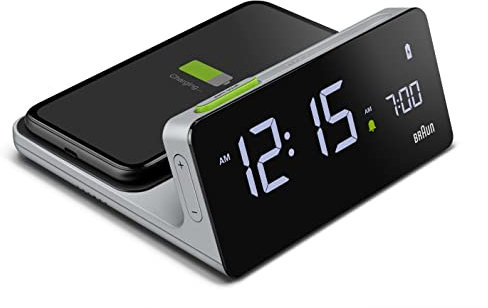 Braun Digital Alarm Clock with VA LCD Display, 10W Qi Wireless Fast-Charging Pad, Automatic Backlight Adjustment, Quick Set, Beep Alarm in Grey, model BC21G.