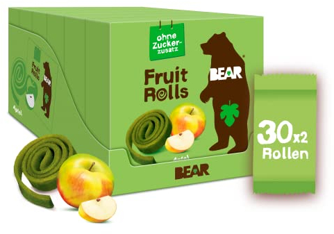 BEAR Fruchtrollen Apfel | 100% Natürliche Inhaltsstoffe | Ohne Zusatz von Zucker | Gesunder Snack für Kinder & Erwachsene | 30 Beutel x 20g | 600g, Grün