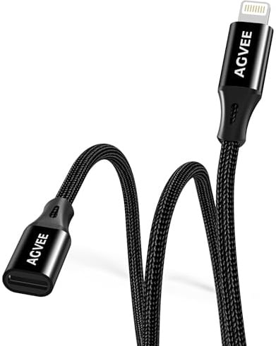 AGVEE Cavo di prolunga Lightning intrecciato da femmina a maschio per caricabatterie iPhone, iPad, sincronizzazione dati, video, audio e adattatore connettore di ricarica, 2 m, nero