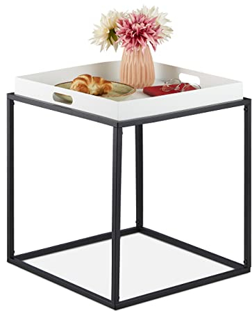 Relaxdays Beistelltisch, Abstelltisch mit Serviertablett, HBT 47x42x42 cm, Stahl, quadratischer Sofatisch, weiß-schwarz